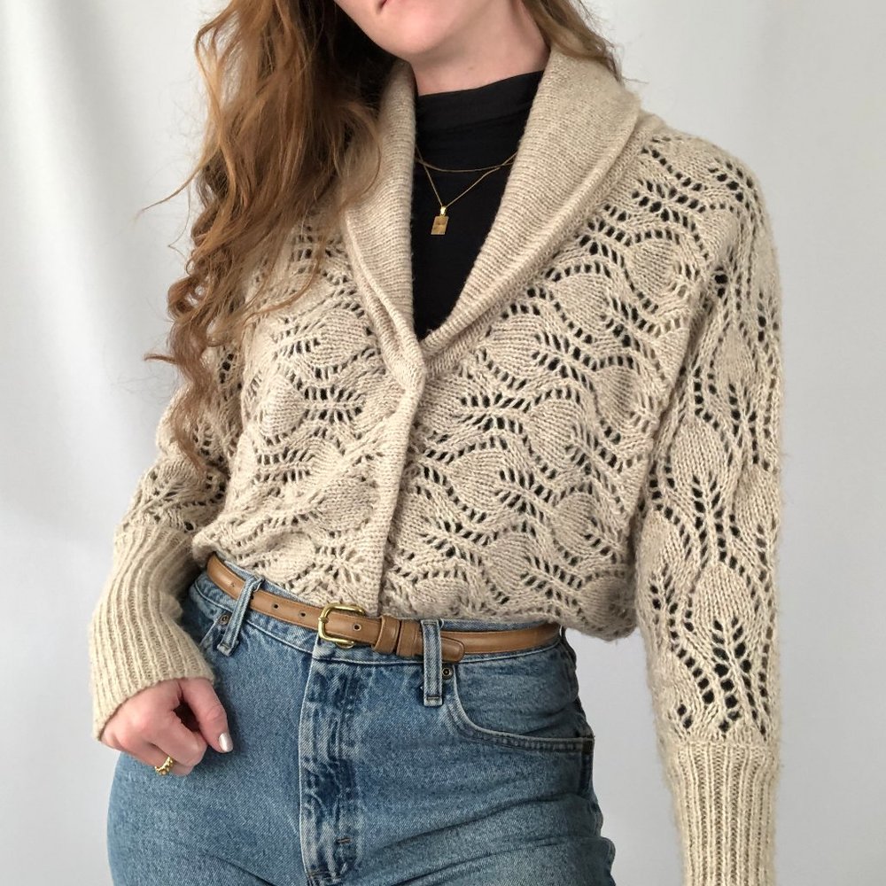 Free People Oversized Wool Open Crochet Cable Knit Cropped Cardigan Sweater Boho - Picture 1 of 9